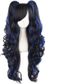 Multi-color Lolita Long Curly Clip on Ponytails Cosplay Wig (Black/Blue)