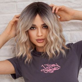 Bob Curly Wig with Fringe, Short Synthetic Wavy Wigs for Women Blonde with Dark Roots Color