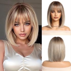 Ombre blonde Wigs for Women with Bangs Short straight Bob Natural Curly Synthetic Hair Heat Resistant Wigs for Daily Party Cosplay Wear