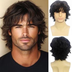 Mens Short Brown Curly Wig Layered Natural Fluffy Hair Wigs for Daily Party Halloween Costume Cosplay
