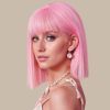 Pink Bob Wig With Bangs - Short Straight Bob Bangs Wig, 12Inch Heat Resistant Synthetic Hair, Natural Looking For Daily Party Use