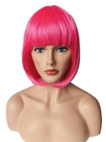 Women Short 11.81''/30cm Hot Pink Bob Straight Multifunction Synthetic Hair Cosplay Wig, Flat Bangs Bob Wig (Hot Pink)