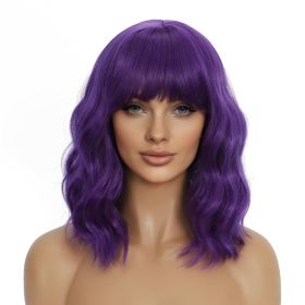Dark Purple Wigs with Bangs for Women 14 Inch Short Wavy Bob Wigs Synthetic Bob Wig Curly Wig Heat Resistant Colorful Wavy Wig Cosplay Wigs For Daily