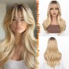 Ombre Blonde Layered Wig with Bangs - 20 Inch Blonde Ombre Layered Wig with Dark Roots for Women - Natural Looking Soft Wavy Synthetic Sabrina Wigs La