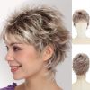 Pixie Cut Wig for White Women â€“ Short Curly Dark Brown Ombre Blonde Wig with Bangs, Glueless Synthetic Wig with New Cap Design