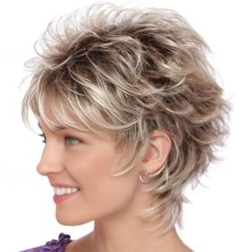 Layered Short Blonde Pixie Wigs for White Women Dark Brown Ombre Blonde Pixie Cut Wig with Bangs Synthetic Natural Looking Daily Party Wig
