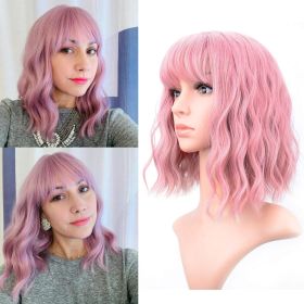 Pastel Wavy Wig With Air Bangs Women's Short Bob Purple Pink Wig Curly Wavy Shoulder Length Synthetic Cosplay Colorful Wigs for Girls (12"