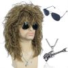 Men's Women 80s Rocker Mullet Wig with Glasses and Necklace - Long Blonde Curly Glam Rock-Rockstar Wig - Perfect for Halloween, Cosplay
