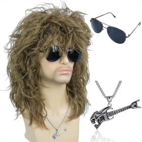 Men's Women 80s Rocker Mullet Wig with Glasses and Necklace - Long Blonde Curly Glam Rock-Rockstar Wig - Perfect for Halloween, Cosplay