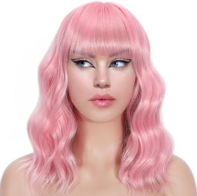 Pink Bob Curly Wig Synthetic Short Wavy Wig with Bangs Natural Looking Heat Resistant Fiber Hair for Cosplay Wig (Pink, 14 inch)
