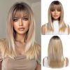 Ombre Blonde Wigs for Women Medium Length Long Straight Wig with Bangs Synthetic Hair Heat Resistant Wigs for Everyday Party Cosplay Wear
