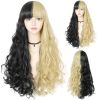 Wig Cap+75cm Long Curly Wigs with Bangs Black and Blonde wig for Gothic Blonde Wig for Women Costume Wig for Halloween Cosplay Party