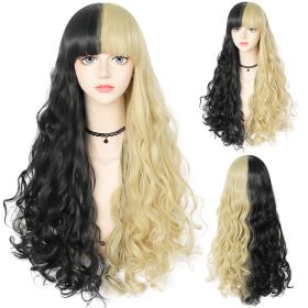 Wig Cap+75cm Long Curly Wigs with Bangs Black and Blonde wig for Gothic Blonde Wig for Women Costume Wig for Halloween Cosplay Party