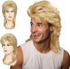 Blonde Mullet Wig For Men, Men's Long Curly Wig, 70s Fancy Dress Wigs For Men, Men's Rocker Wig for Adult