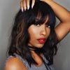 Black Mixed Brown Wig for Black Women 14 Inch Short Wavy Hair Wigs Curly Bob Wig with Bangs Wigs Shoulder Length Wigs for Black Women Bob Style Synthe