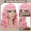 Pink Bob Curly Wig Synthetic Short Wavy Wig with Bangs Natural Looking Heat Resistant Fiber Hair for Cosplay Wig (Pink, 14 inch)