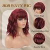 Red Wig with Bangs Short Wavy Wigs for Women Wine Red Curly Shoulder Length Bob Wig Synthetic fiber Wigs for Cosplay Party Daily Use (14 Inch)