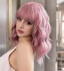 Pastel Wavy Wig With Air Bangs Women's Short Bob Purple Pink Wig Curly Wavy Shoulder Length Synthetic Cosplay Colorful Wigs for Girls (12"