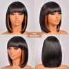 Bob Wig With Bangs - 12 Inch Peek-a-boo Color Short Bob Wig For Black Women Black Mix Brown Daily Costume Wigs
