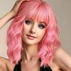 Pink Wigs Short Wavy Hair Pastel Bob Wig with Bangs Shoulder Length Synthetic Hair for Women Girl Colorful Cosplay Wig Synthetic Heat Resistant Fiber
