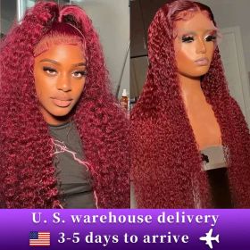 13x6 13x4 HD Deep Wave Lace Frontal Wig Colored Burgundy Lace Front Wig Brazilian Red 99J Curly Lace Front Human Hair Wigs (Hair Color: 13x4 Frontal Wig, Stretched Length, Density: 24inches, 150%)