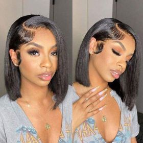 Royce Short Bob Transparent Lace Human Hair Wig,10-16 Inch Bone Straight Brazilian Hair Wig,4x4 13x4 Bob Wigs For Black Women (Model: 13x4, size: 14inch)