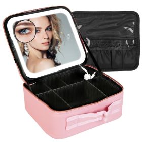 Travel Makeup Bag with LED Mirror Makeup Case Organizer with 3 Light Colors Adjustable Dividers Brush Holder Magnifying Mirror Dimmable USB Rechargeab (Color: Pink, size: S)
