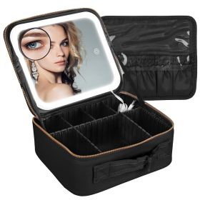 Travel Makeup Bag with LED Mirror Makeup Case Organizer with 3 Light Colors Adjustable Dividers Brush Holder Magnifying Mirror Dimmable USB Rechargeab (Color: Black, size: S)