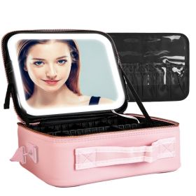 Travel Makeup Bag with LED Mirror Makeup Case Organizer with 3 Light Colors Adjustable Dividers Brush Holder Magnifying Mirror Dimmable USB Rechargeab (Color: Pink, size: L)