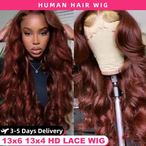 34 Inch Reddish Brown Body Wave Lace Front Wig 13x6 HD Lace Frontal Wig 13x4 Lace Front Human Hair Wigs Body Wave Closure Wig